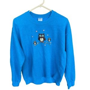 Gildan‎ Owl Sweater Womens Medium Blue Embroidered Glitter Crewneck Sweatshirt